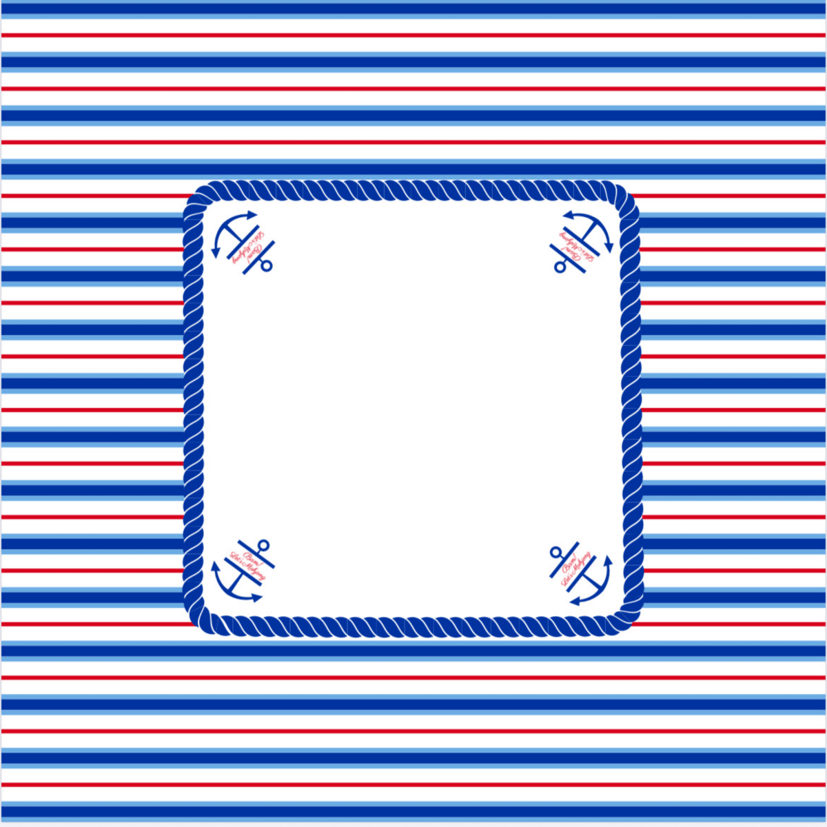 Nantucket Mahjong Mat with a white center bordered by navy rope and anchor designs, on a red, white, and blue striped background.