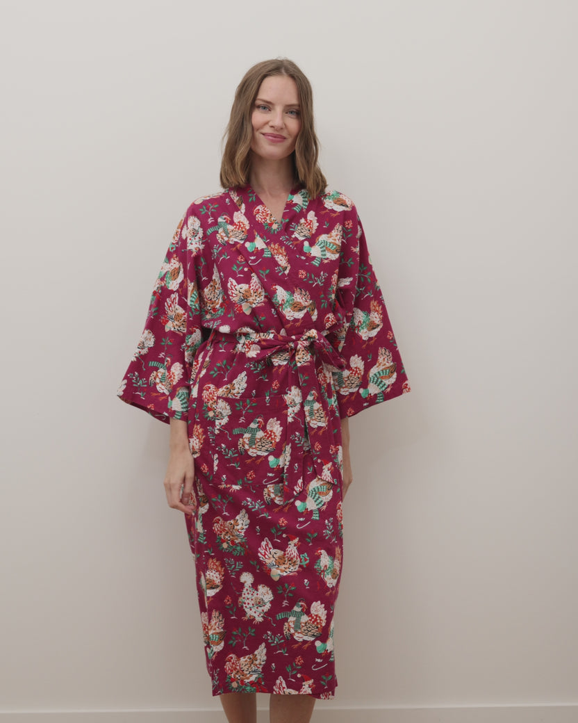 Holiday Hens - Lightweight Flannel Long Robe - Burgundy