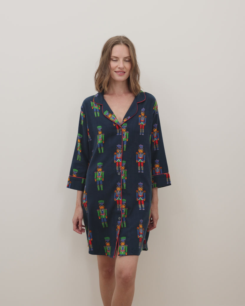 Leopard Nutcrackers - Midweight Flannel Sleep Shirt - Navy