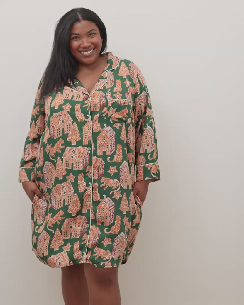 Gingerbread Party - Eco Satin Sleep Shirt - Hunter Green