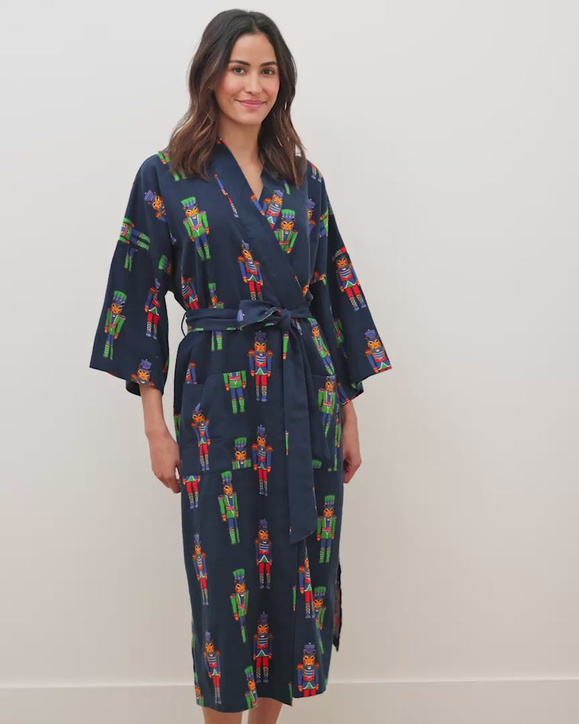Leopard Nutcrackers - Midweight Flannel Long Robe - Navy