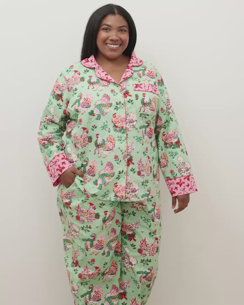 Holiday Hens - Long PJ Set - Sage
