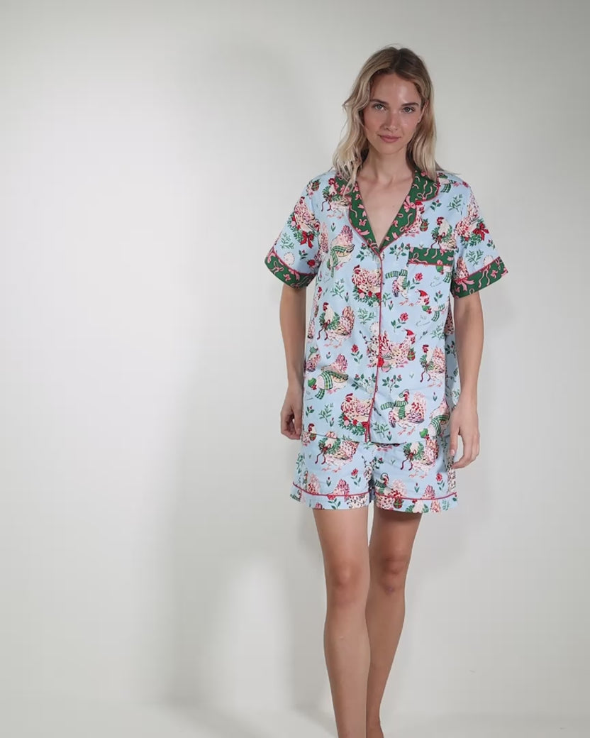 Holiday Hens - Short PJ Set - Pale Blue