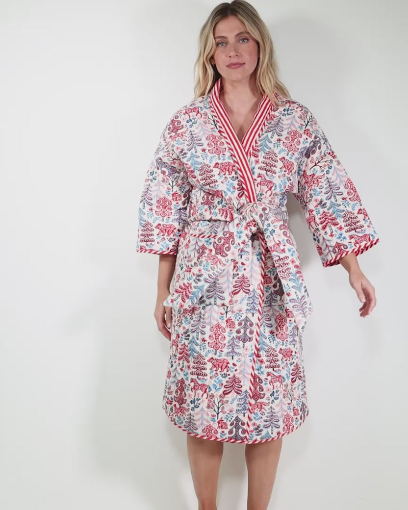 Folklore Forest - Reversible Flannel Quilted Robe - Cream