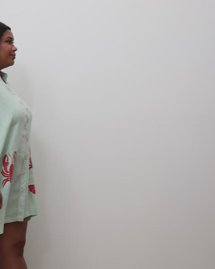 Lobster Landing Applique - Linen Cabana Button Down - Seafoam