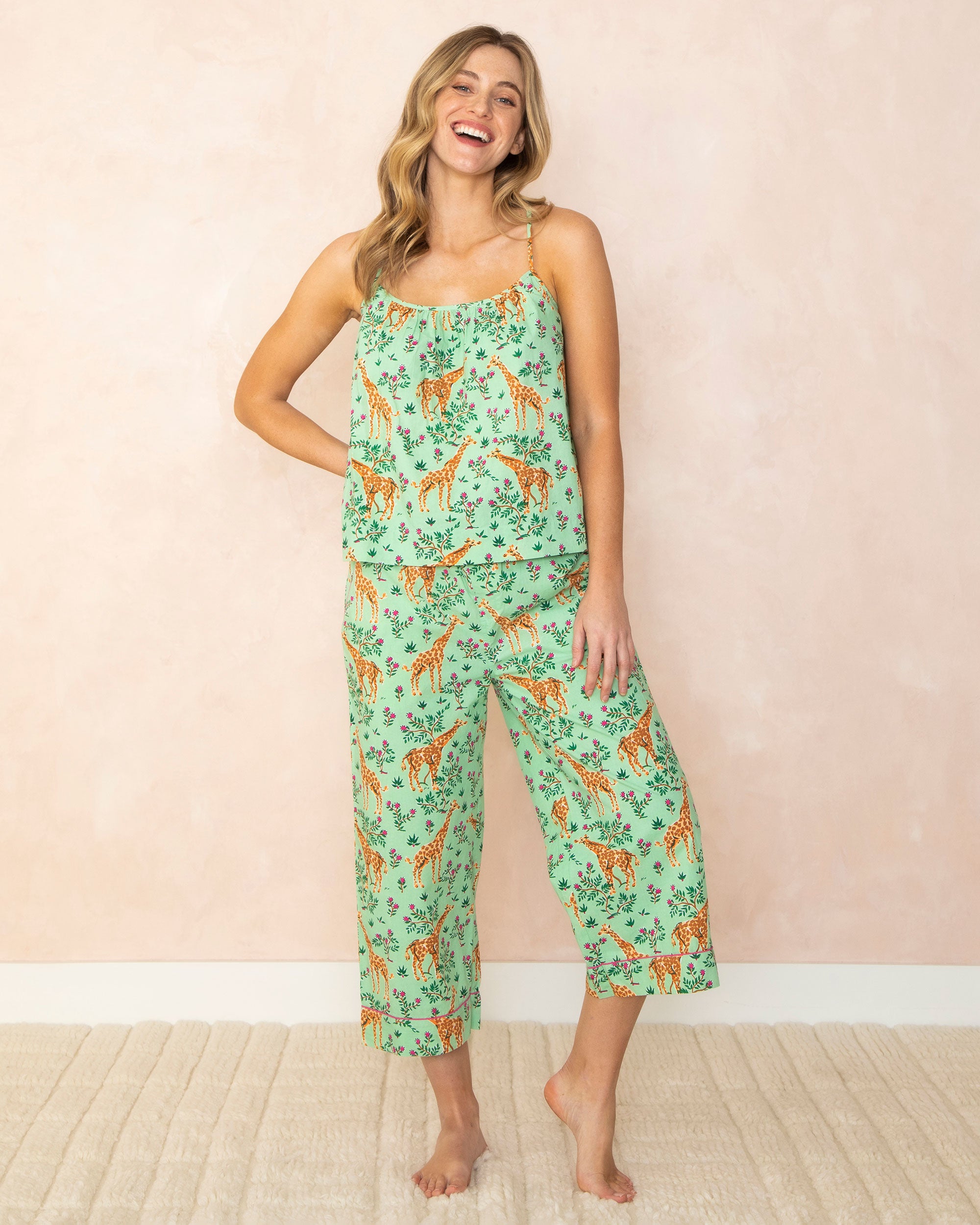 Grazing Giraffes - Cami Cropped Pants Set - Sage - Printfresh