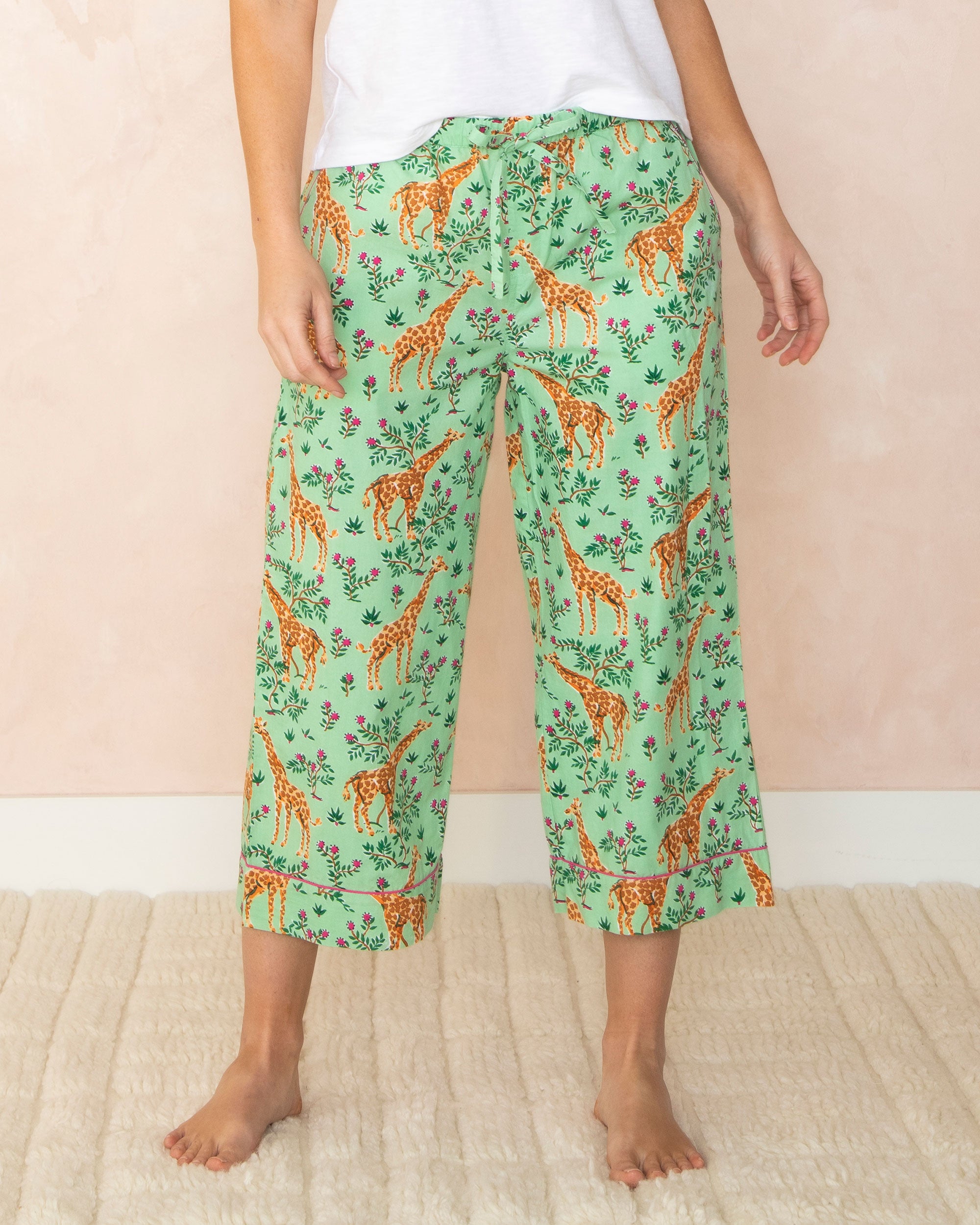 Grazing Giraffes - Cropped Pajama Pants - Sage - Printfresh