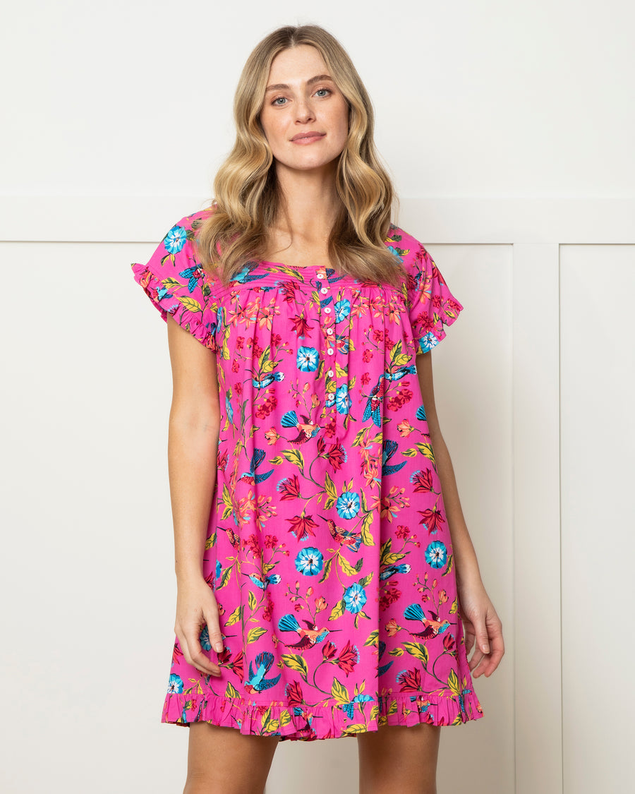 Hummingbird Haven - Pintuck Nightgown - Fresh Raspberry - Printfresh