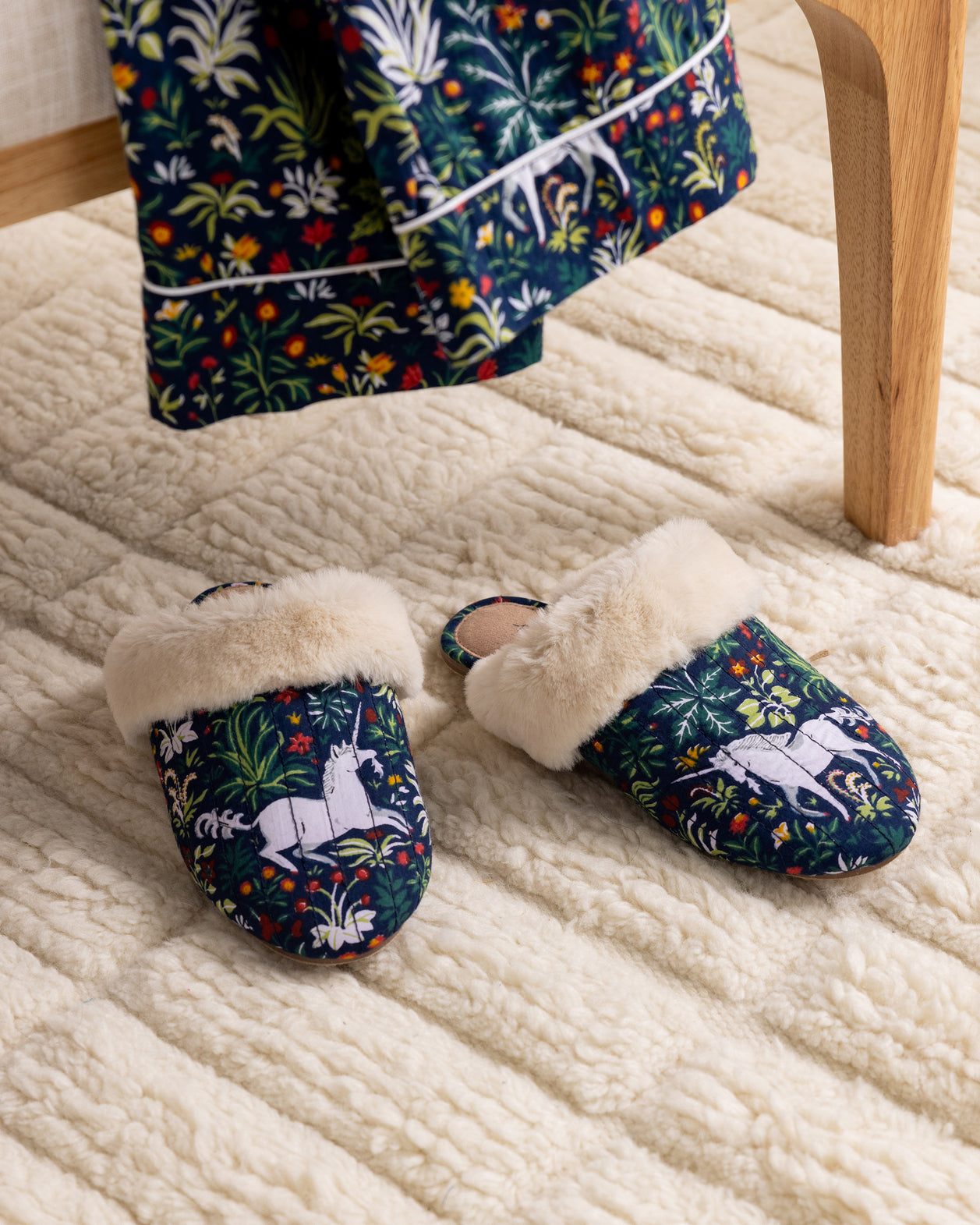 Unicorn's Garden - Quilted Faux Fur Slippers - Indigo - Printfresh