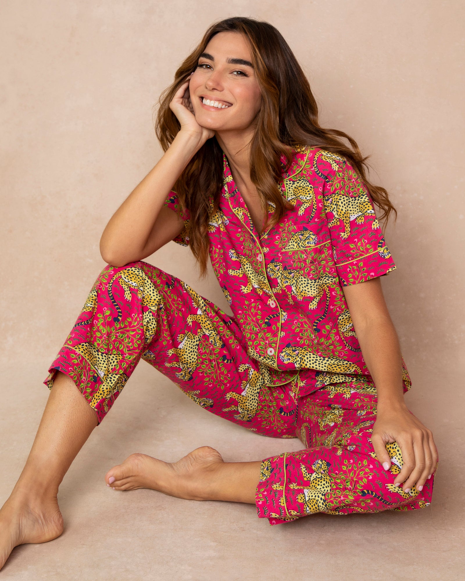 Bagheera - Short Sleeve Top & Long Pants Set - Hot Pink - Printfresh