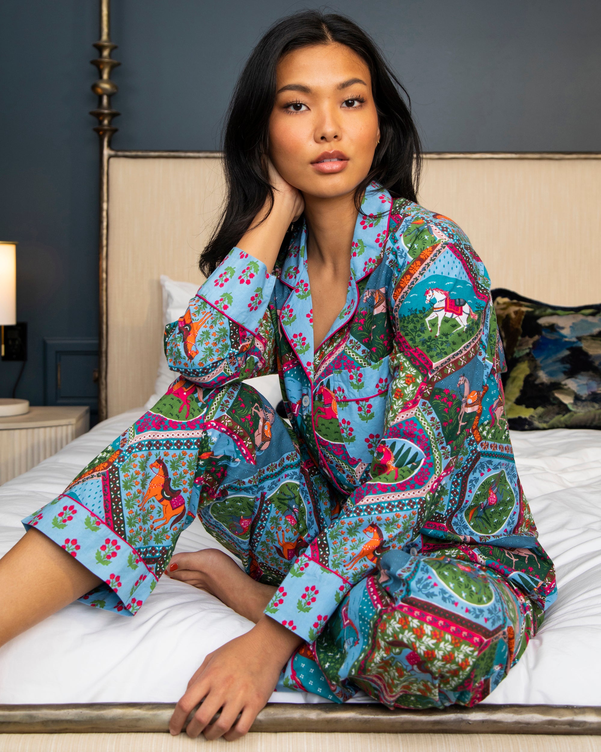 Silk Pajama Set - Navy, Berry Bird