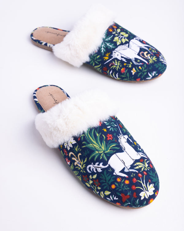 Unicorn's Garden - Quilted Faux Fur Slippers - Indigo - Printfresh