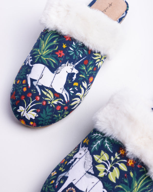 Unicorn's Garden - Quilted Faux Fur Slippers - Indigo - Printfresh